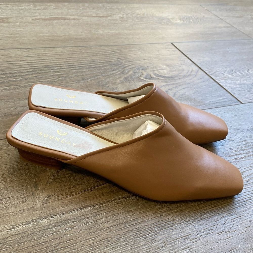Suunday Brand The Melody Mule in Camel Recycled Vegan Leather Block Heel Slides - Picture 2 of 6